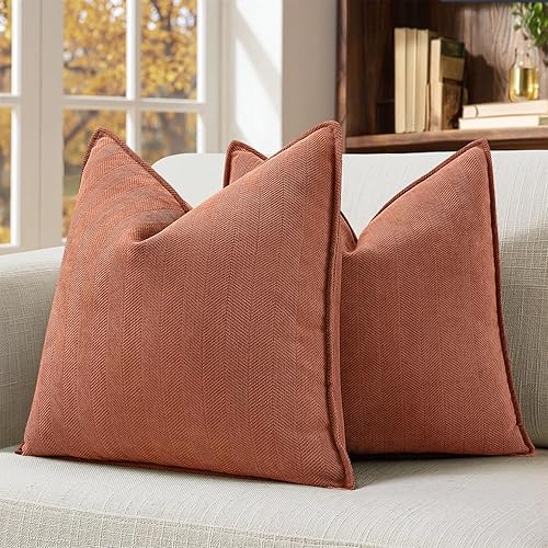 MIULEE Pack of 2 Burnt Orange Decorative Pillow Covers 22x22 Inch Chenille Luxurious Couch Throw Pillows Boho Cushion Covers Euro Shams with Elegant Design for Sofa Bed Living Room Home Decor