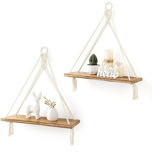 Mkono Macrame Hanging Shelves Boho Wall Decor Set of 2 Rustic Wood Floating Storage Shelf for Bedroom Bathroom Living Room Nursery Dorm Room, Display Shelving for Hanging Plants Photos