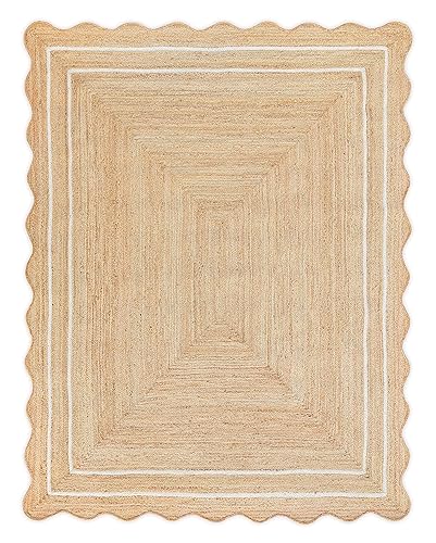 Weaving Village Wave Scalloped Natural Jute Rug - Boho Entryway Runner, Farmhouse Scallop, Off White (8'x10')