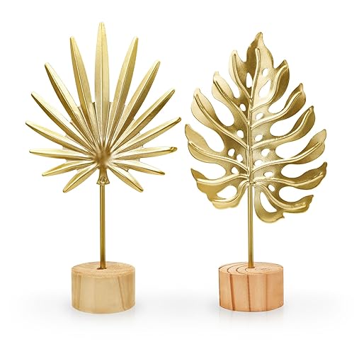 LuckyOpt 2PCS Mini Gold Leaf Sculpture Ornament, 7.5 in Metal Gold Palm Leaves Decor for Desk, Sideboards, Display Cabinet Filler, Iron Craft Ginkgo Leaf Decor with Wooden Base (Monstera+Palm Leaf)