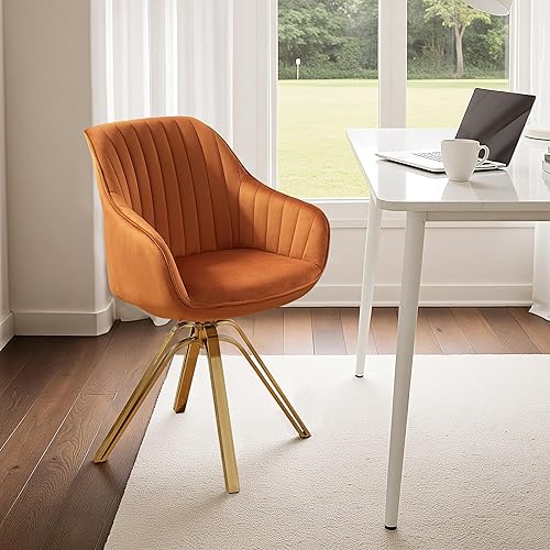 Zouron Mid Century Modern Swivel Accent Chair with Gold Metal Legs, Upholstered Swivel Chair No Wheels, Side Accent Arm Chair Vanity Chair for Small Space Home Office Living Room Bedroom, Orange