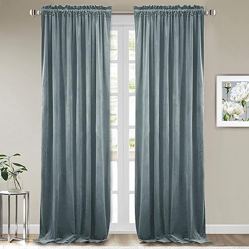 StangH Stone Blue Velvet Curtains - Solid Light Blocking Privacy Drapes for Nursery Bedroom, Thermal Insulated Home Decor for Boys Room/Office, W52 x L96, 2 Panels