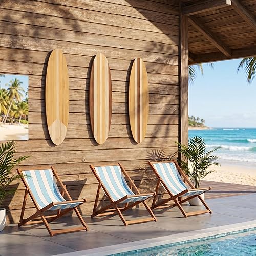 Gerrii 3 Pieces Surfboard Wall Decor 23.6" x 5.4" Preppy Beach Room Decor Aesthetic Large Wooden Cute Beachy Tropical Wall Art for Surfer Bedroom Bathroom Decorations(Log Color,Stripe)