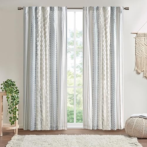 Ink+Ivy Boho Curtain for Bedroom Single Panel Window Curtain for Living Room, 100% Cotton Tufted Chenille Stripe Modern Farmhouse Curtain Light Filtering Drape for Bedroom, 50" x 95", Ivory/Navy