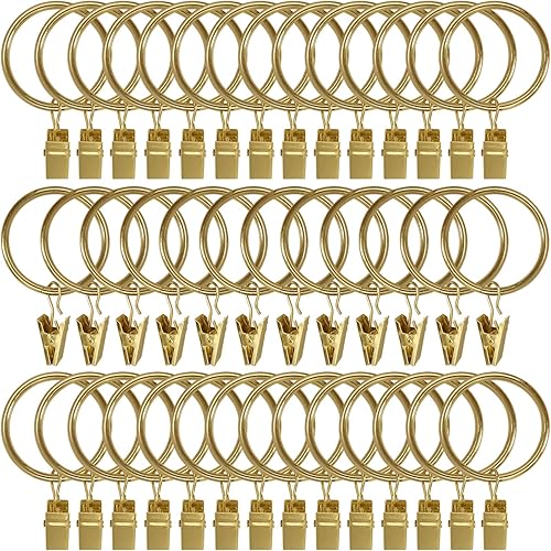 AMZSEVEN 40 Pack Metal Curtain Rings with Clips, Drapery Clips Hooks, Decorative Curtain Rod Clips 1.5 in Interior Diameter, Gold