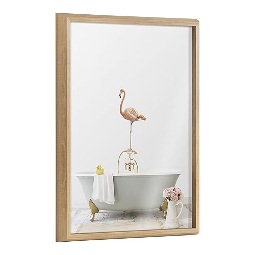 Kate and Laurel Blake Flamingo Cottage Bathroom Framed Printed Glass Wall Art by Amy Peterson Art Studio, 18x24 Natural, Decorative Flamingo Art for Wall