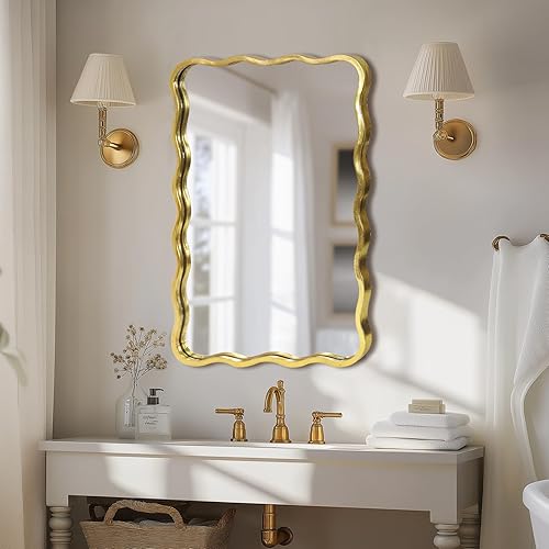 CASOLLY Wavy Bathroom Mirror for Wall, 24"x36" Ornate Wavy Mirror with Gold Metal Frame Irregular Vanity Mirror for Washroom/Living Room/Bedroom/Entryway
