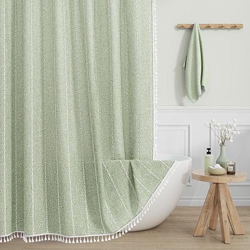 MitoVilla Sage Green Boho Shower Curtain for Vintage Rustic Bathroom Decor, Modern Farmhouse Polyester Linen Fabric Neutral Wrinkle Resistant Cloth Shower Curtain with Tassel, 72 x 72