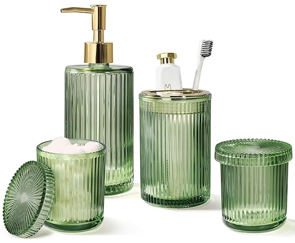 Green Glass Bathroom Accessories 4 Pcs, Green Bathroom Set, Soap Dispenser and Toothbrush Holder Set, Qtip Holder Set, Vintage Bathroom Sink Set, Cute Bathroom Decor