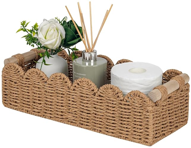 CubesLand Paper Rope Scalloped Edge Toilet Paper Storage Basket, Small Living Room, Bedroom Decor Baskets for Over Toilet Storage Shelf, End Table, Shelves and More, with 2 Wooden Handle, Neutral