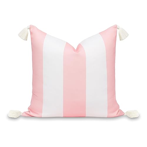 Hofdeco Premium Coastal Patio Indoor Outdoor Throw Pillow Cover Only, 20"x20" Water Repellent for Backyard, Couch, Blush Pink Wide Stripes with Tassels