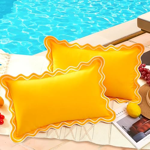 12x20 Yellow Scalloped Outdoor Lumbar Pillow Covers Waterproof & Sunproof Set of 2, Embroidered Yellow Summer Decorative Ourdoor Lumbar Throw Pillows for Couch Patio Furniture and Porch Decor