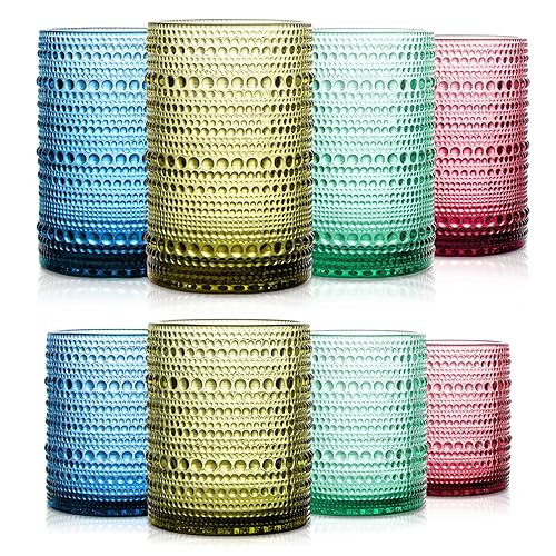 SoulTimes Set of 8 Hobnail Drinking Glasses Colored Vintage Glassware - 4 Highball Glasses 14 oz, 4 Rocks Glass Cup 11 oz, Embossed Old Fashioned Glassware for Water, Juice, Wine, Beer (4 Colors)