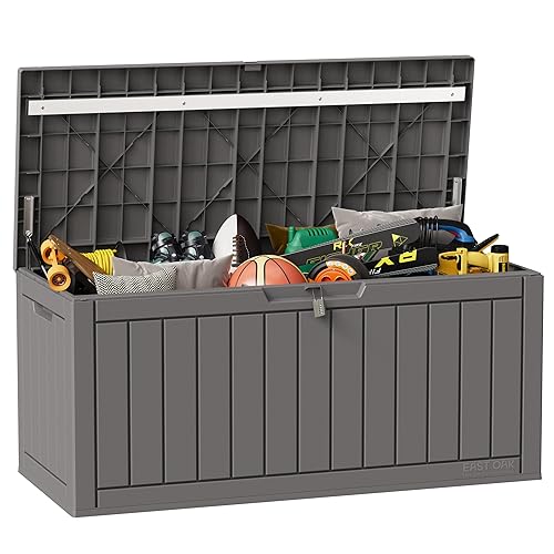 EAST OAK Outdoor Storage Box, 100 Gallon Deck Box, Waterproof Resin Storage Bench for Patio Cushions, Gardening Tools, Pool Toys, Lockable, UV Resistant, Grey