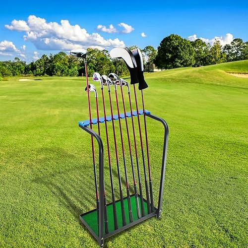 KOFULL Golf Club Holder, Golf Club Rack for 9 Golf Clubs Storage, Golf Putter Stand Floor Display Rack, Golf Organizer for Indoor Home Office Club Simulator Garage