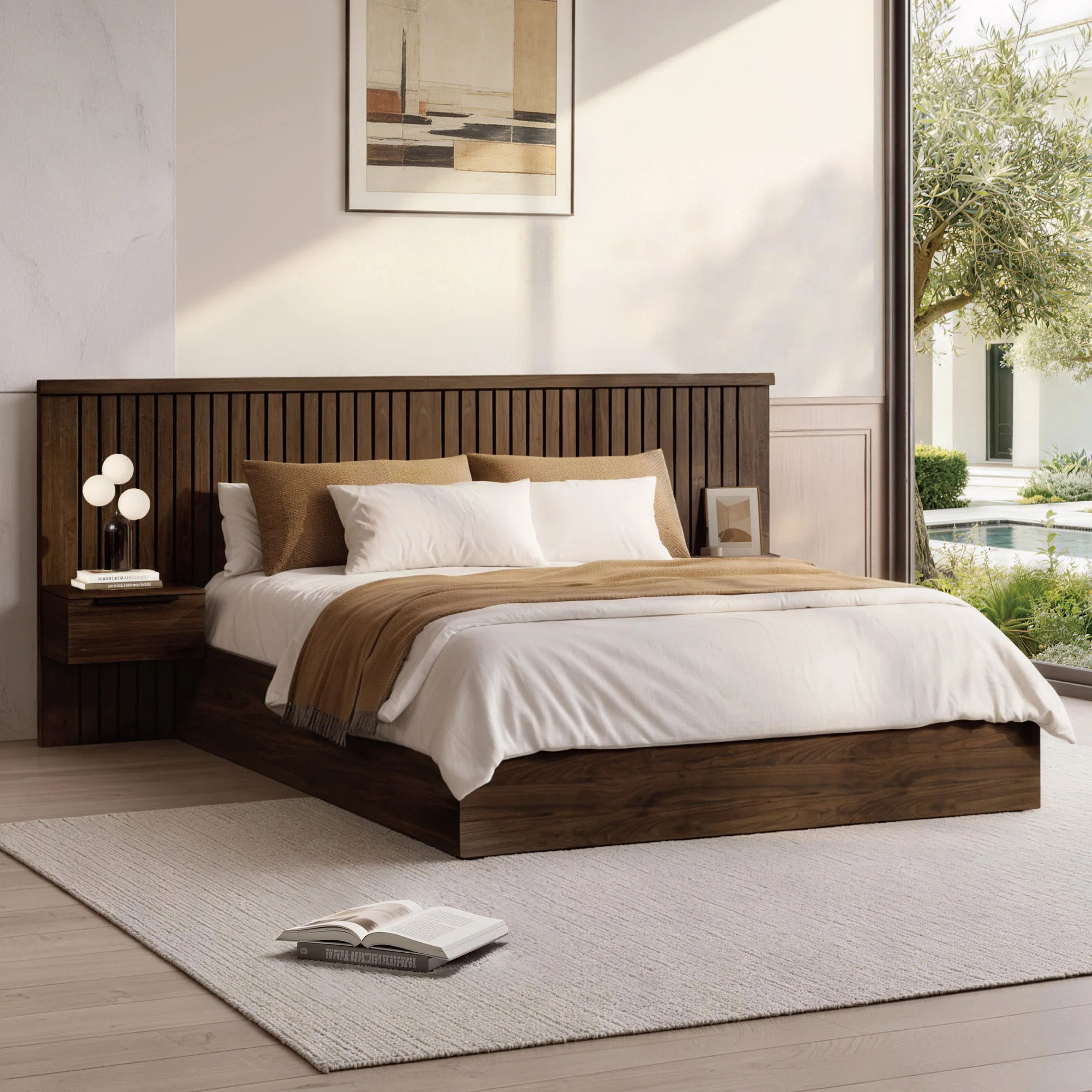 Kyros Modern 3-Piece Fluted Headboard With Floating Nightstand & Solid Wood Legs