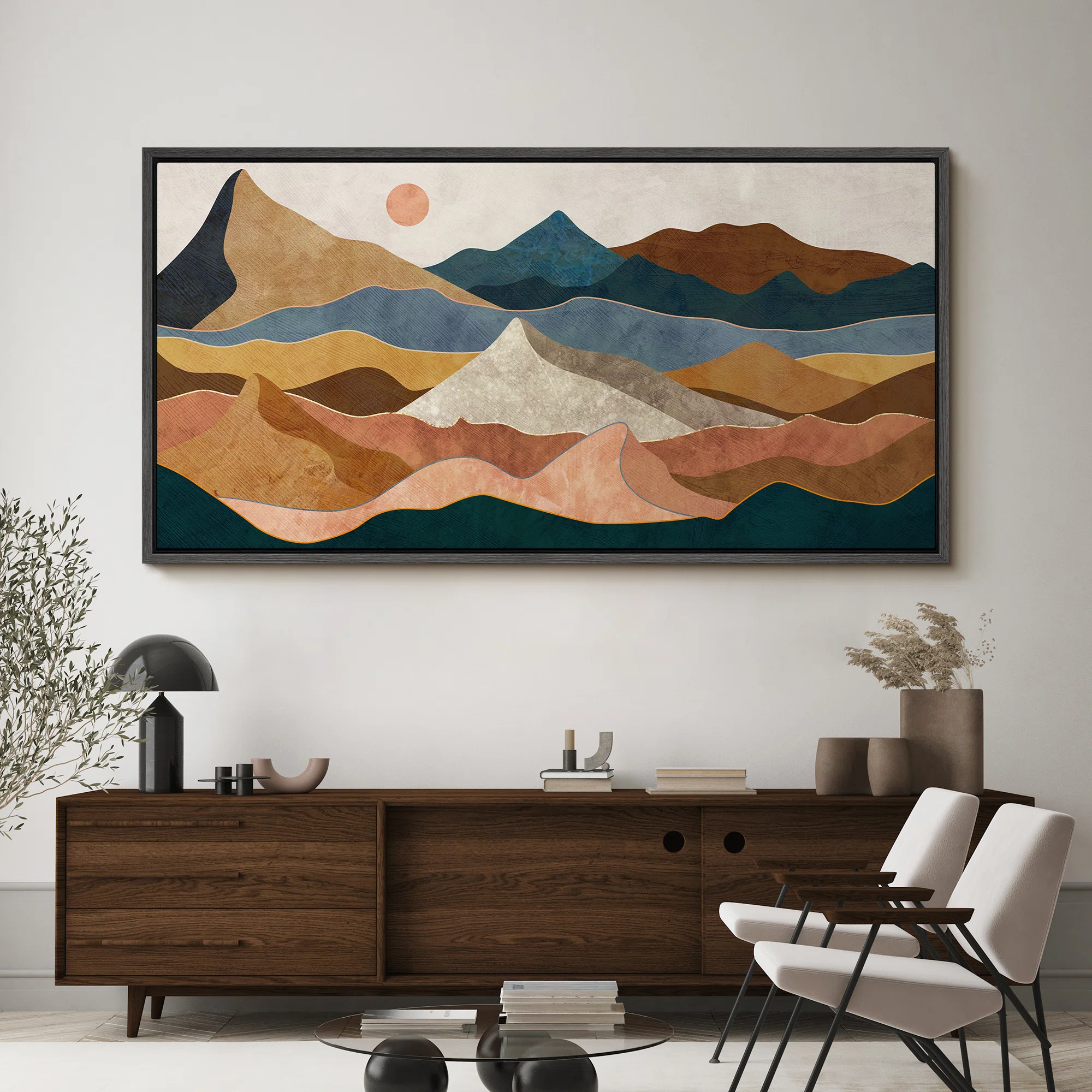Sun Mountain Landscape "Colorful Mountain Peak Rustic Retro Bedroom Extra Large Framed Wall Art Work