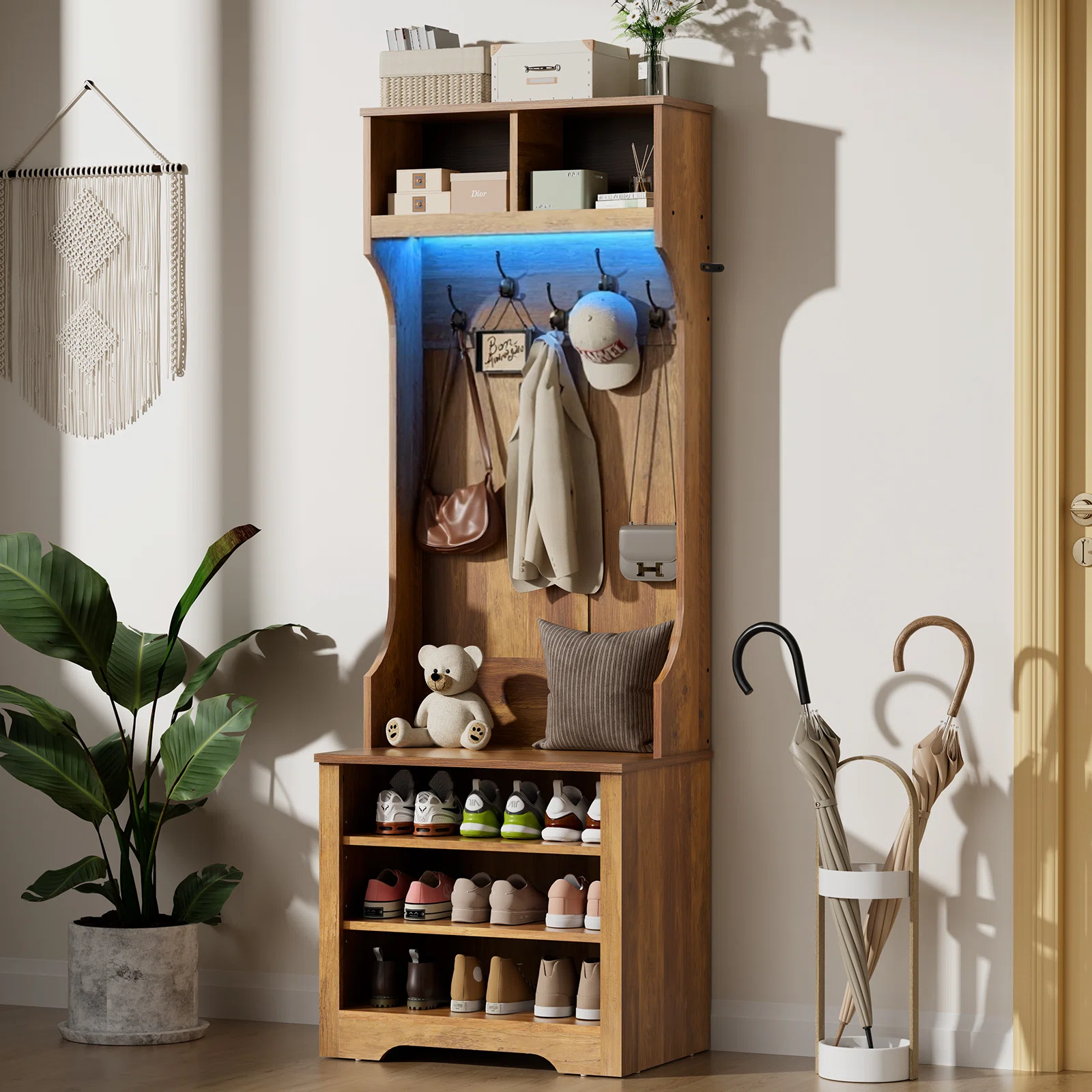 Hall Tree 23.6'' Wide with Bench, Shoe Storage And LED Light Strip
