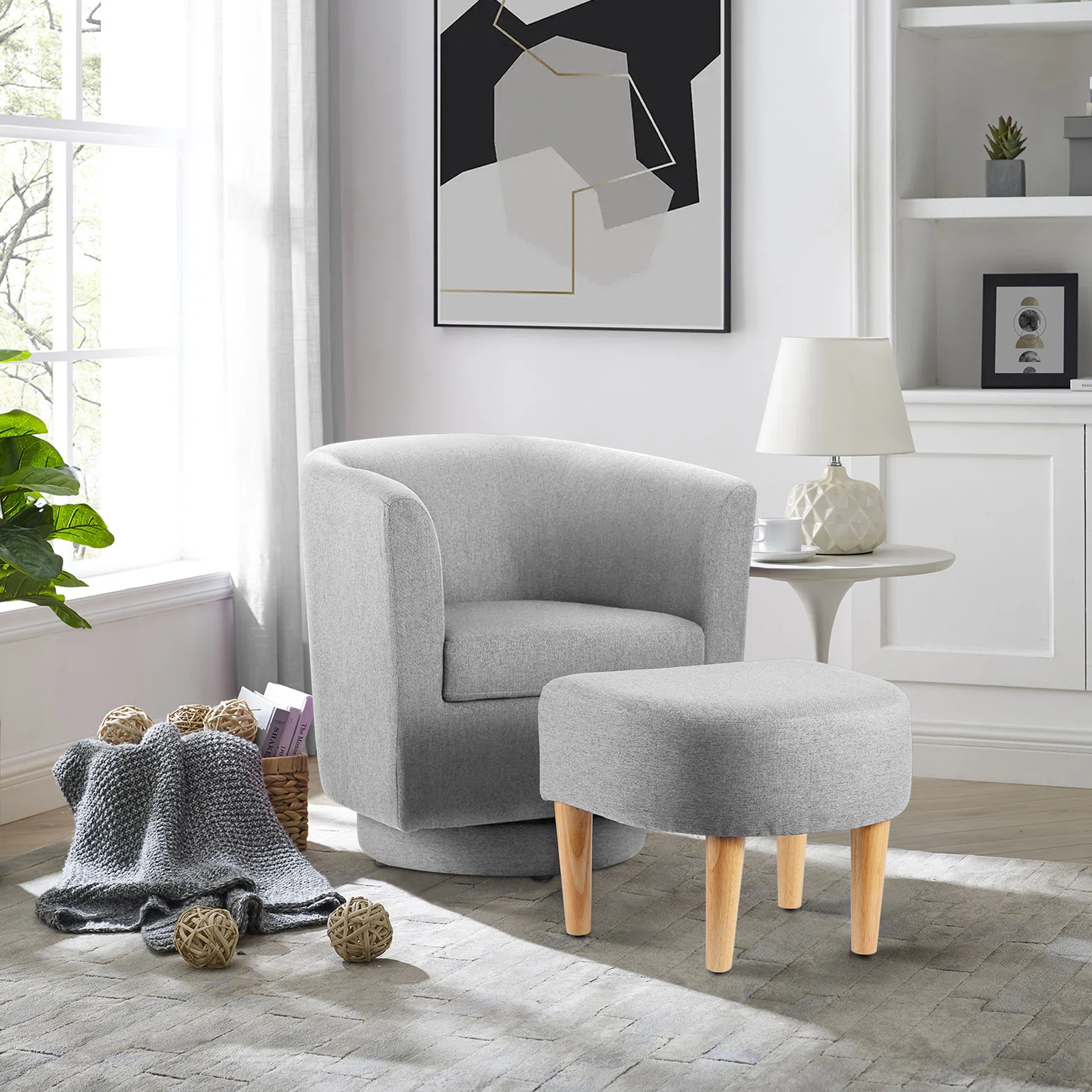  Sharolynn Upholstered Linen 27.6" Wide Swivel Barrel Chair with Ottoman
