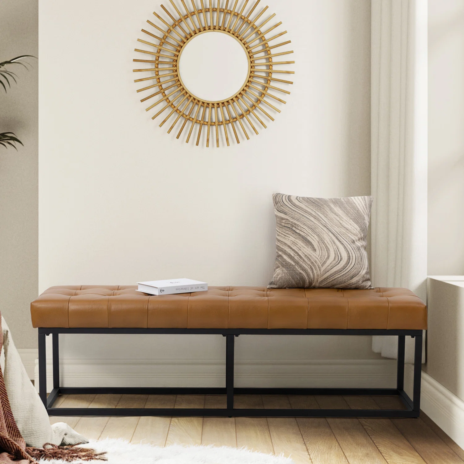 Anahli 60'' W Modern Industrial Genuine Leather Bench with Tufted Design