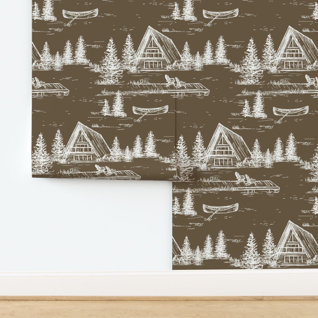 Wallpaper in Lake House Camping Wallpaper - Rustic Cabin Toile in Vintage Brown