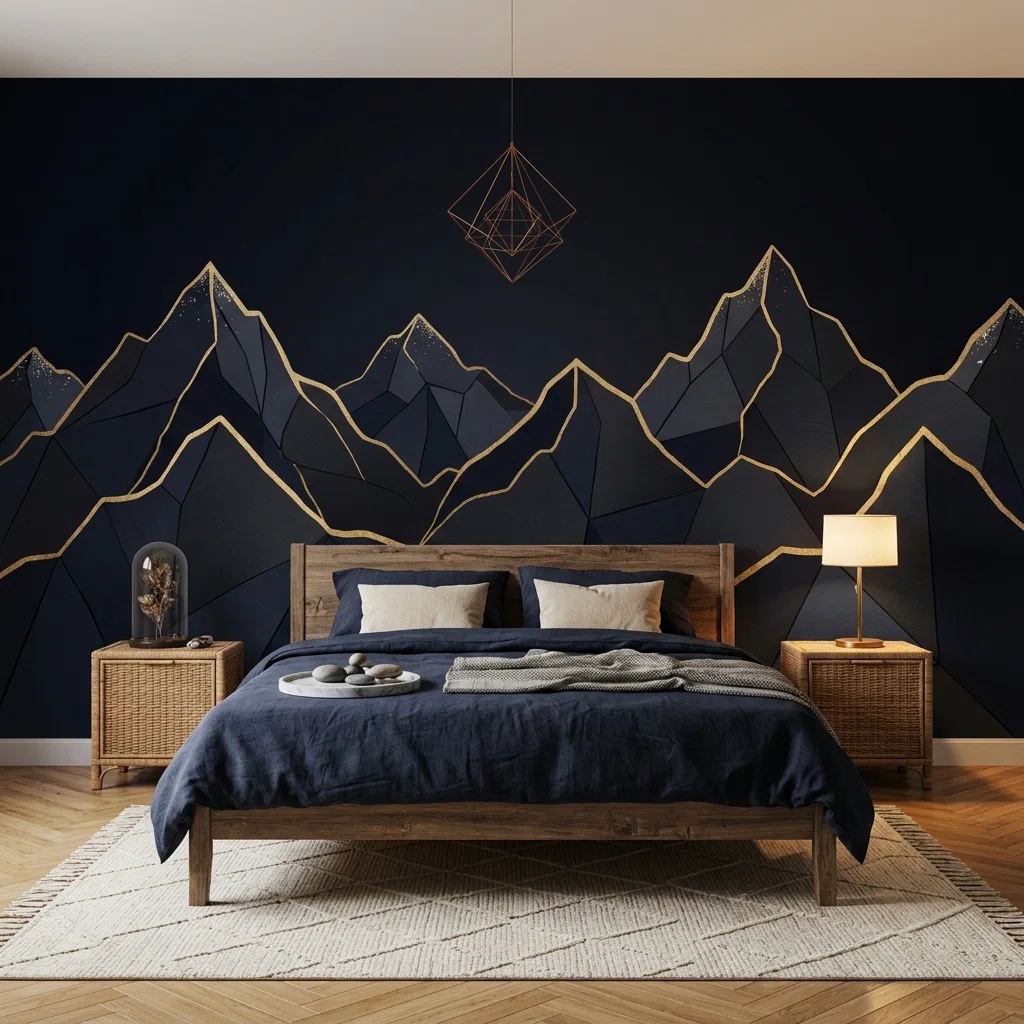 Geometric Mountains Wallpaper Navy Removable Gold Outline Wall Decor