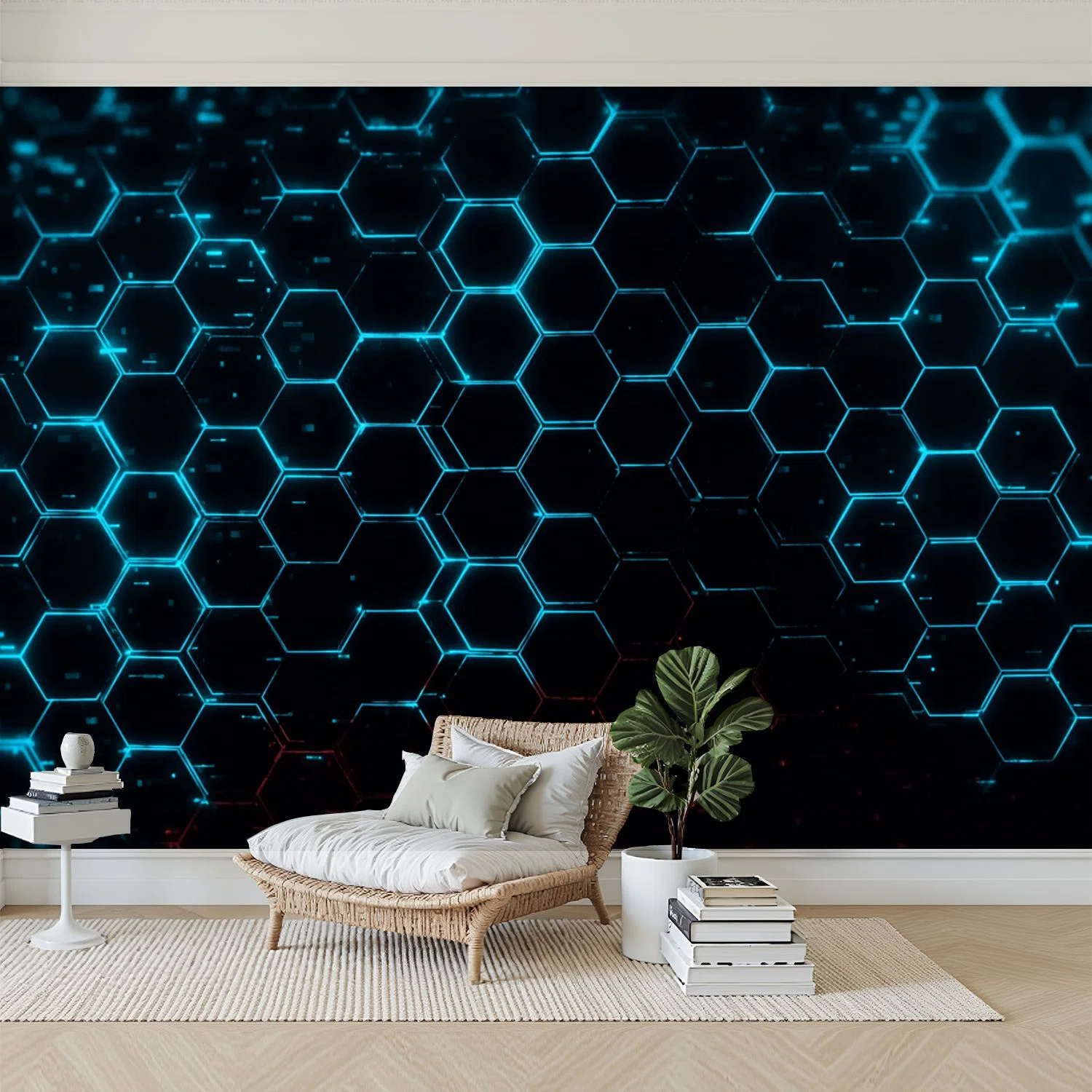 Peel and Stick Wallpaper 144" W x 100" H Modern Self Adhesive Wall Mural for Bedroom Abstract Hexagonal Modern Texture Cyberspace Neon