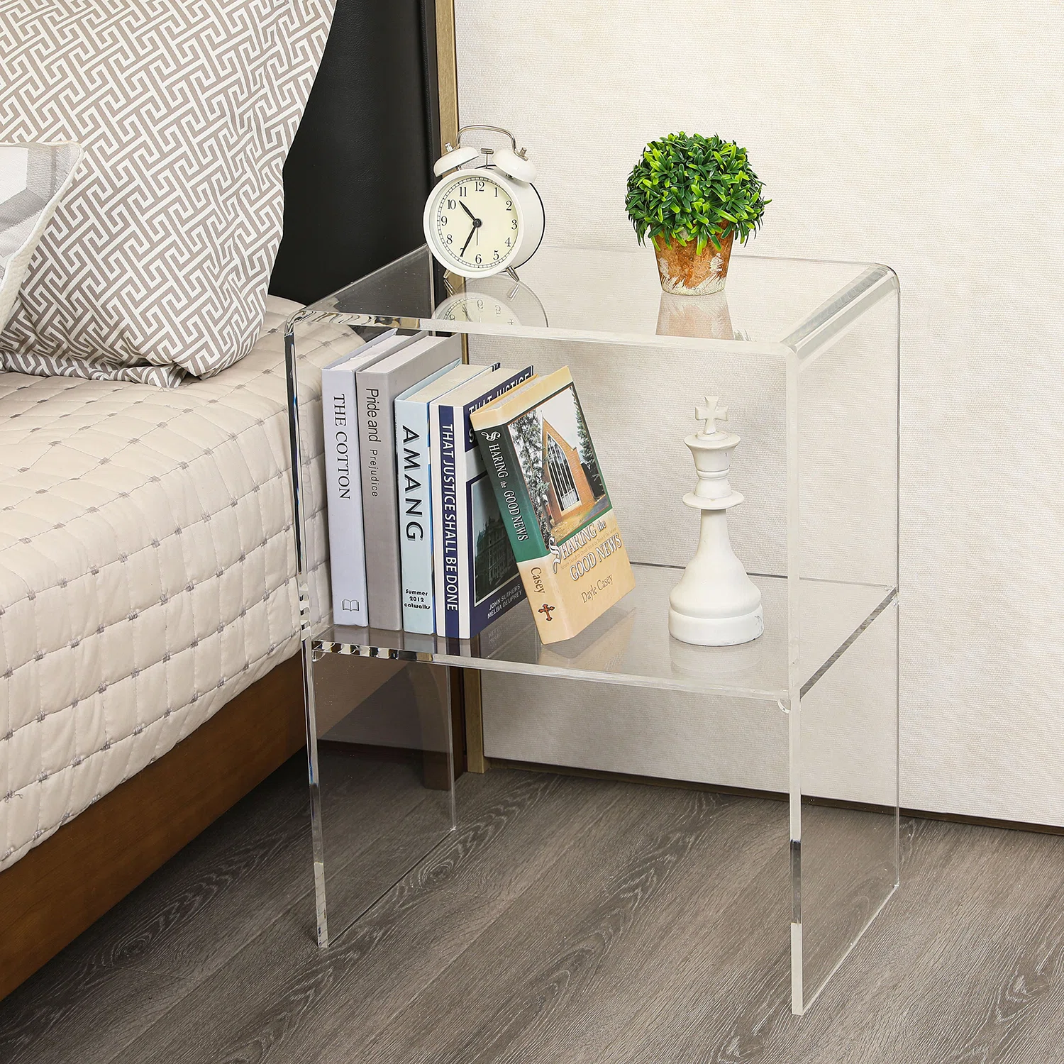 Gayna Acrylic Sled End Table with 2-Tier Shelves