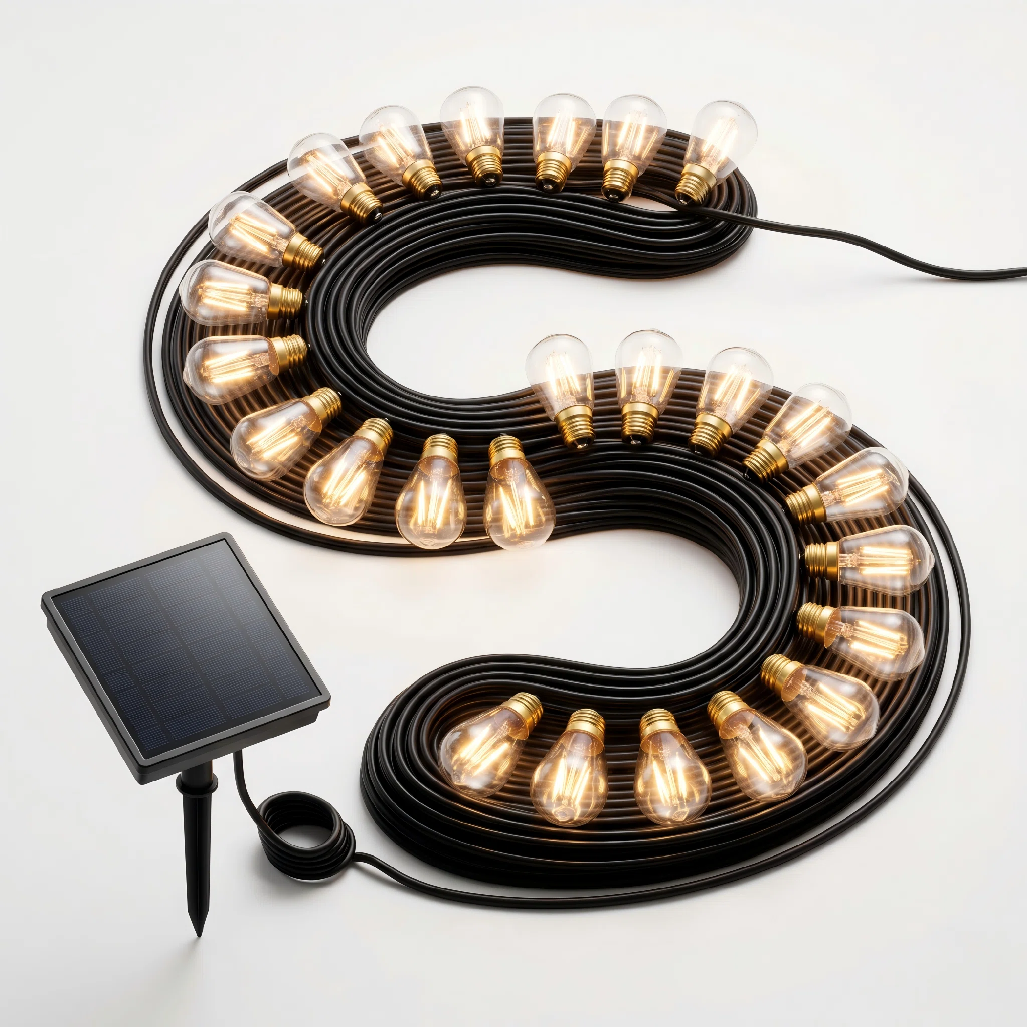 100ft. Outdoor Solar Powered 24-light Led St38 String Lights With E12 Base - Waterproof Retro Edison Bulbs For Patio, Garden & Cafe - Warm White (2700k) - Black Wire