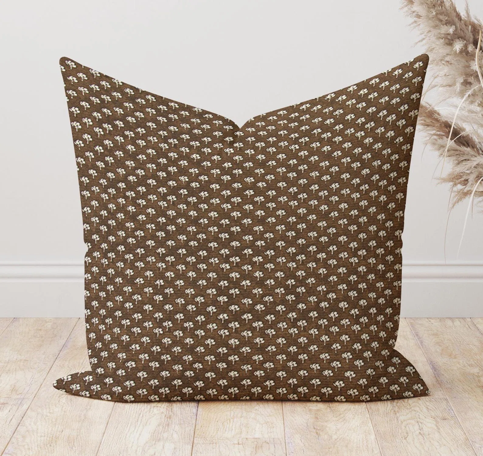 Chestnut Brown Block Print Floral Pillow Cover