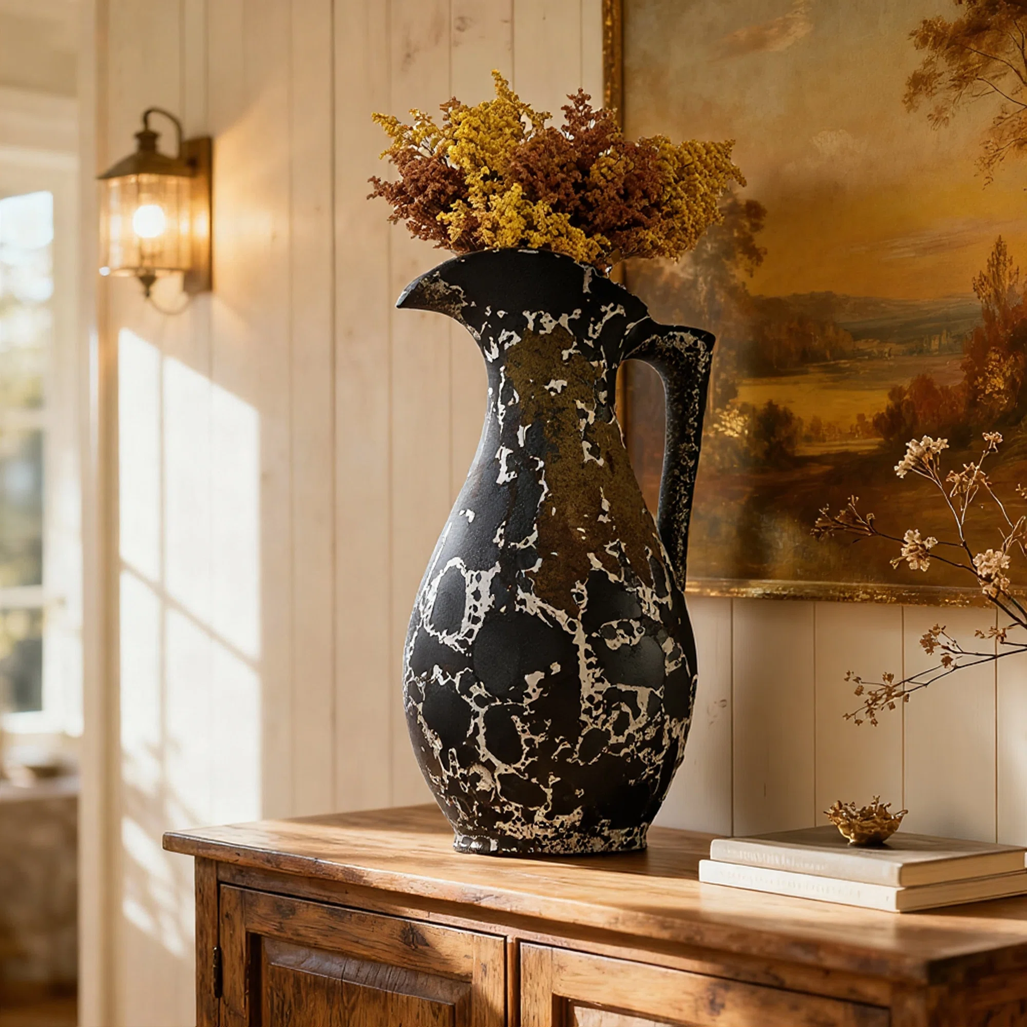 Handmade Ceramic Table Vase floor, Boho Pottery Terracotta Vase with Sculptural Handles, Decorative Accent Display for Modern Rustic/Farmhouse/Mediterranean Interiors Decor