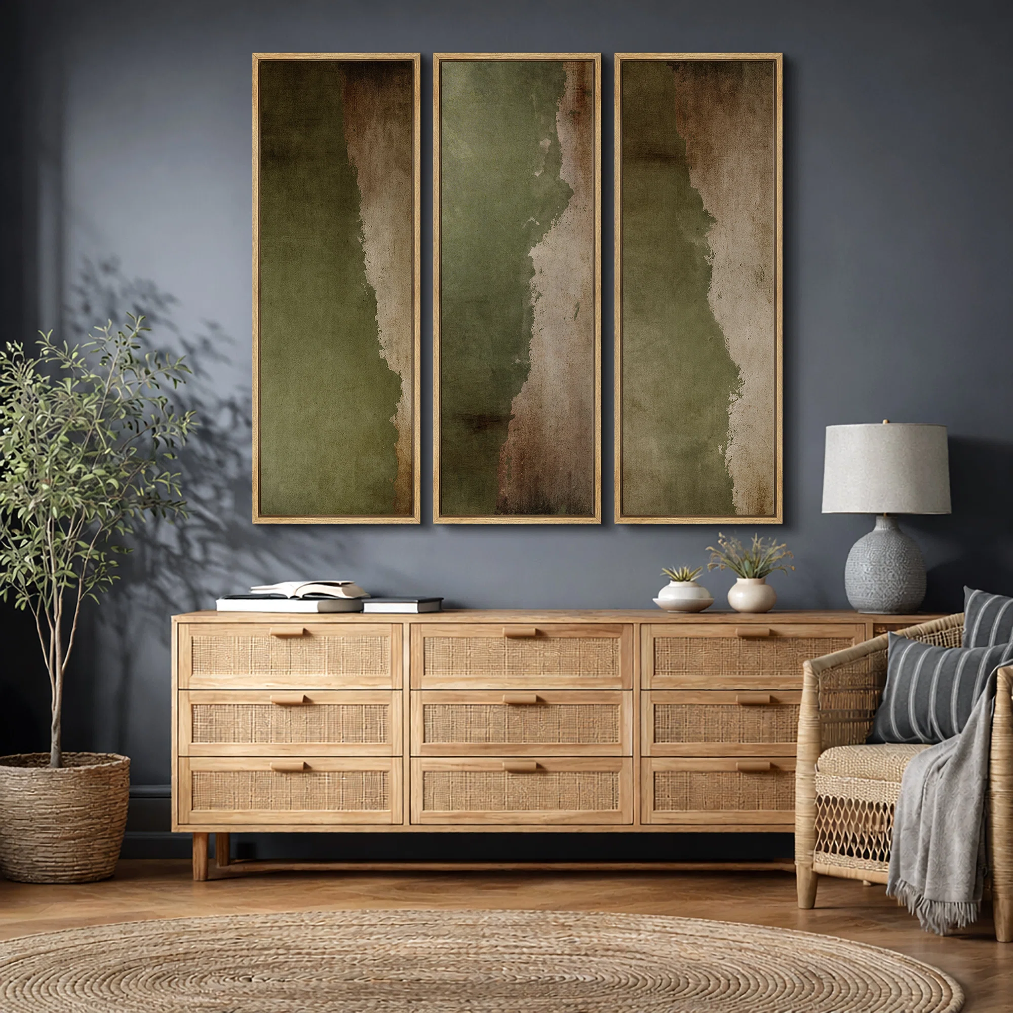 Subtle Olive Green Abstract Earth Tones Triptych – Pictures Extra Large Framed Canvas Print 3 Pieces Wall Art