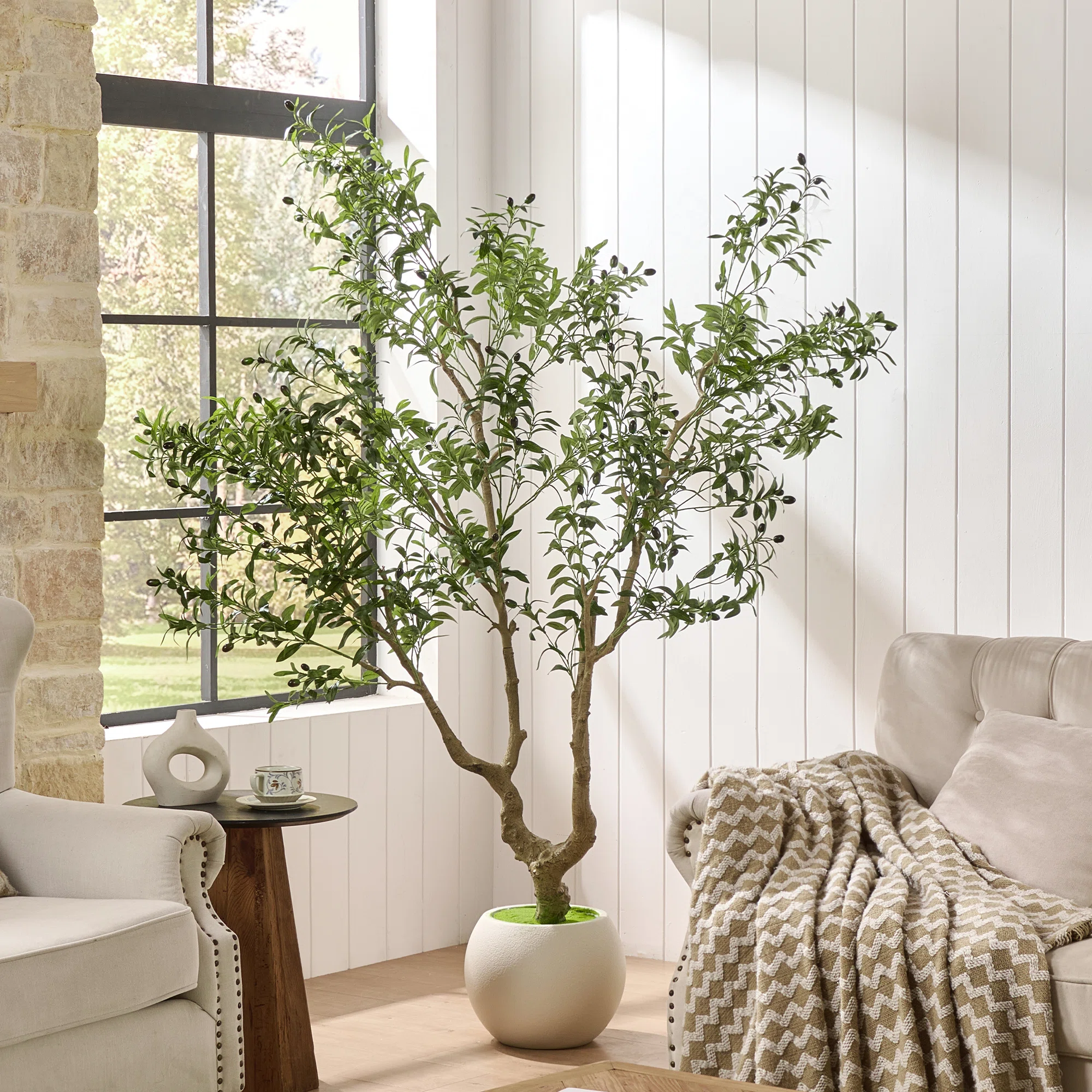 7ft Artificial Olive Tree With Realistic Leaves And Olives, Faux Mediterranean Tree In White Pot For Living Room, Entryway Or Home Decor