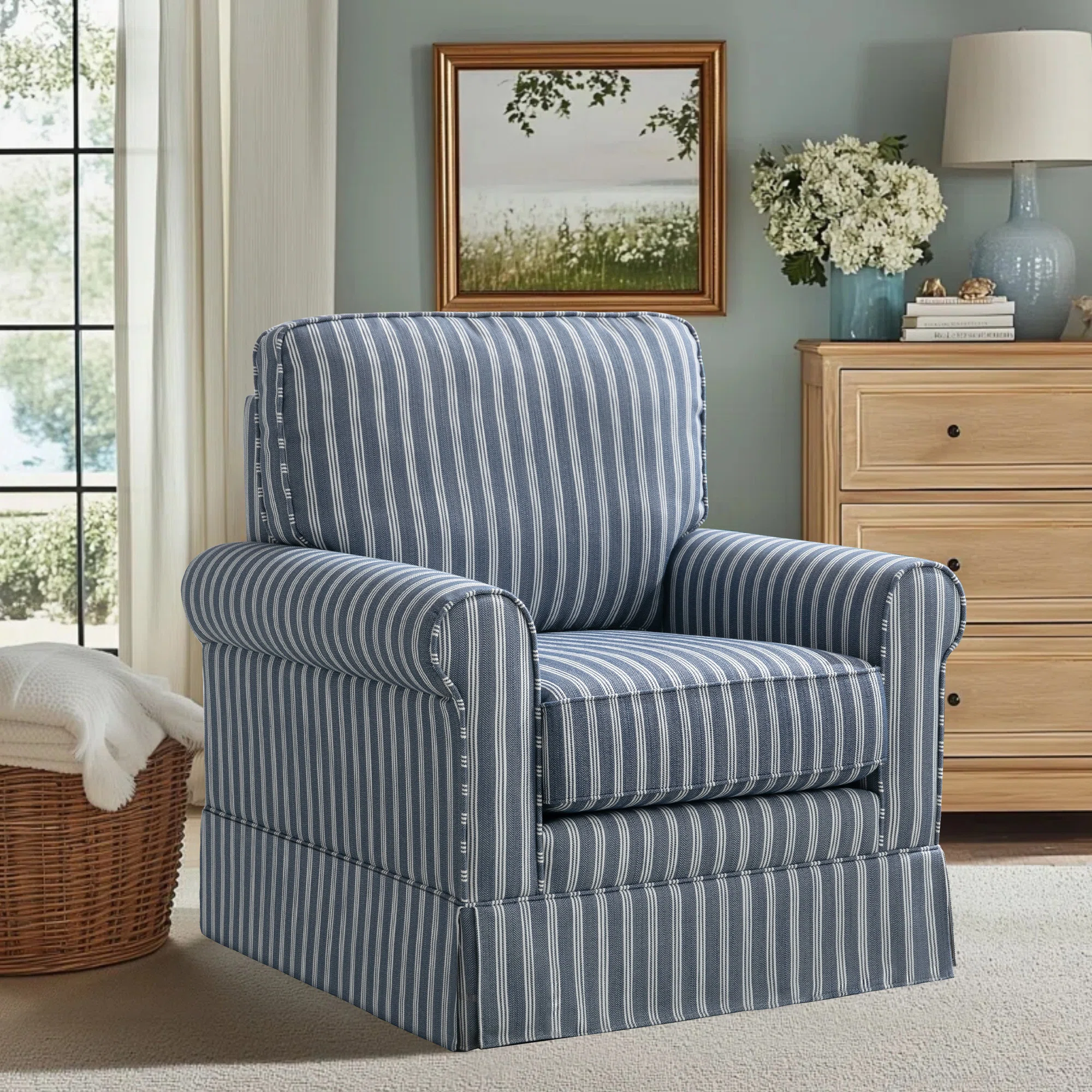 Hedwige 33" W Modern Soft Wide Upholstered Striped Swivel Arm Accent Chair