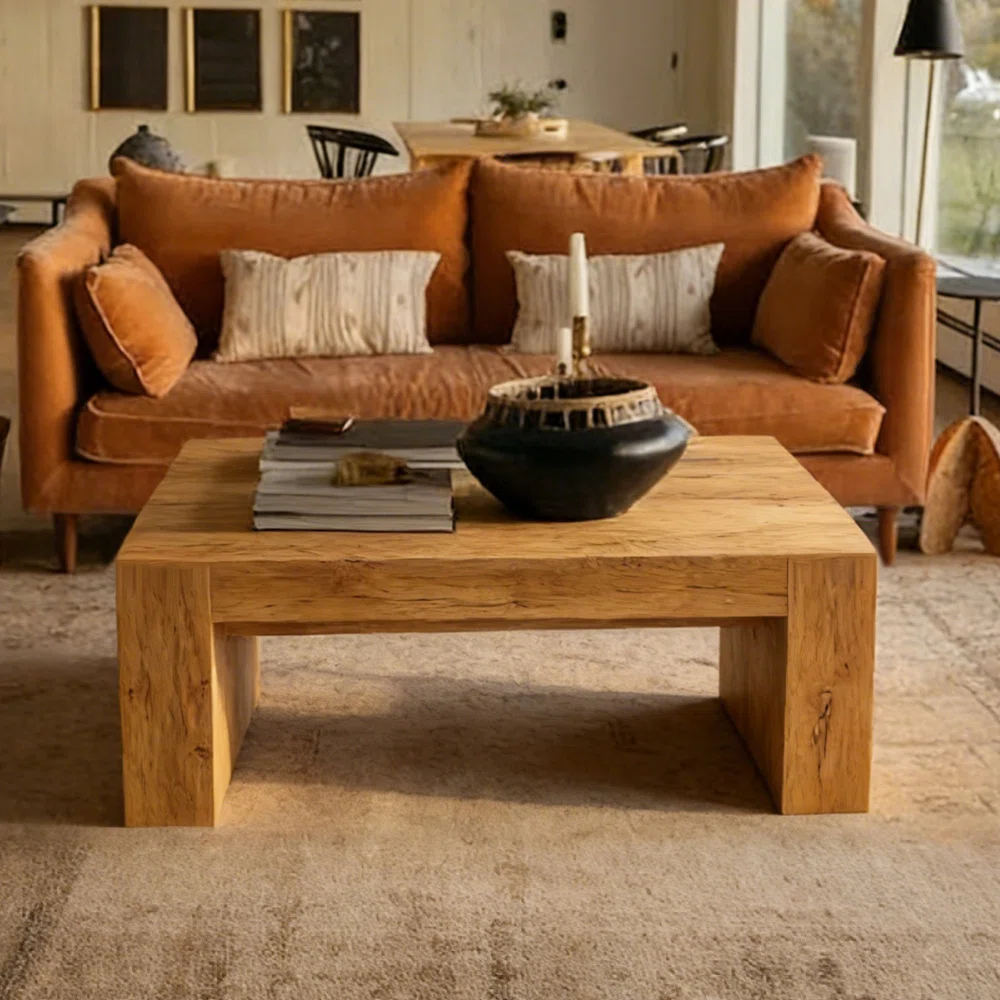 48” Farmhouse Rectangular Coffee Table With Hidden Storage Drawer – Natural Wood Center Table