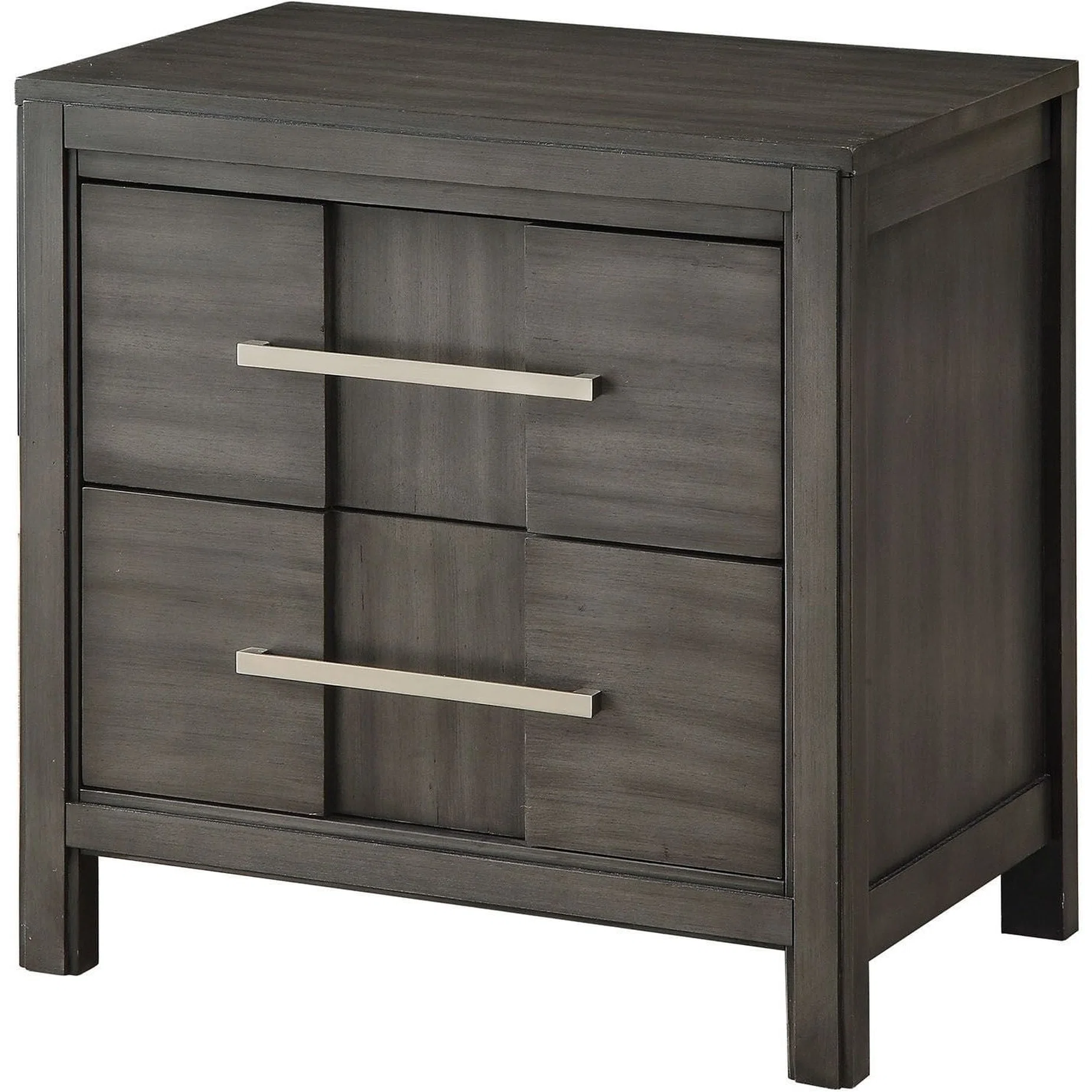 1Pc Gray Bedside Table In Transitional Style, 2 Drawers, Felt - Lined Top, Solid Wood And Nickel Bar Pull For Bedroom Use Nightstand Contemporary Veneer Decor