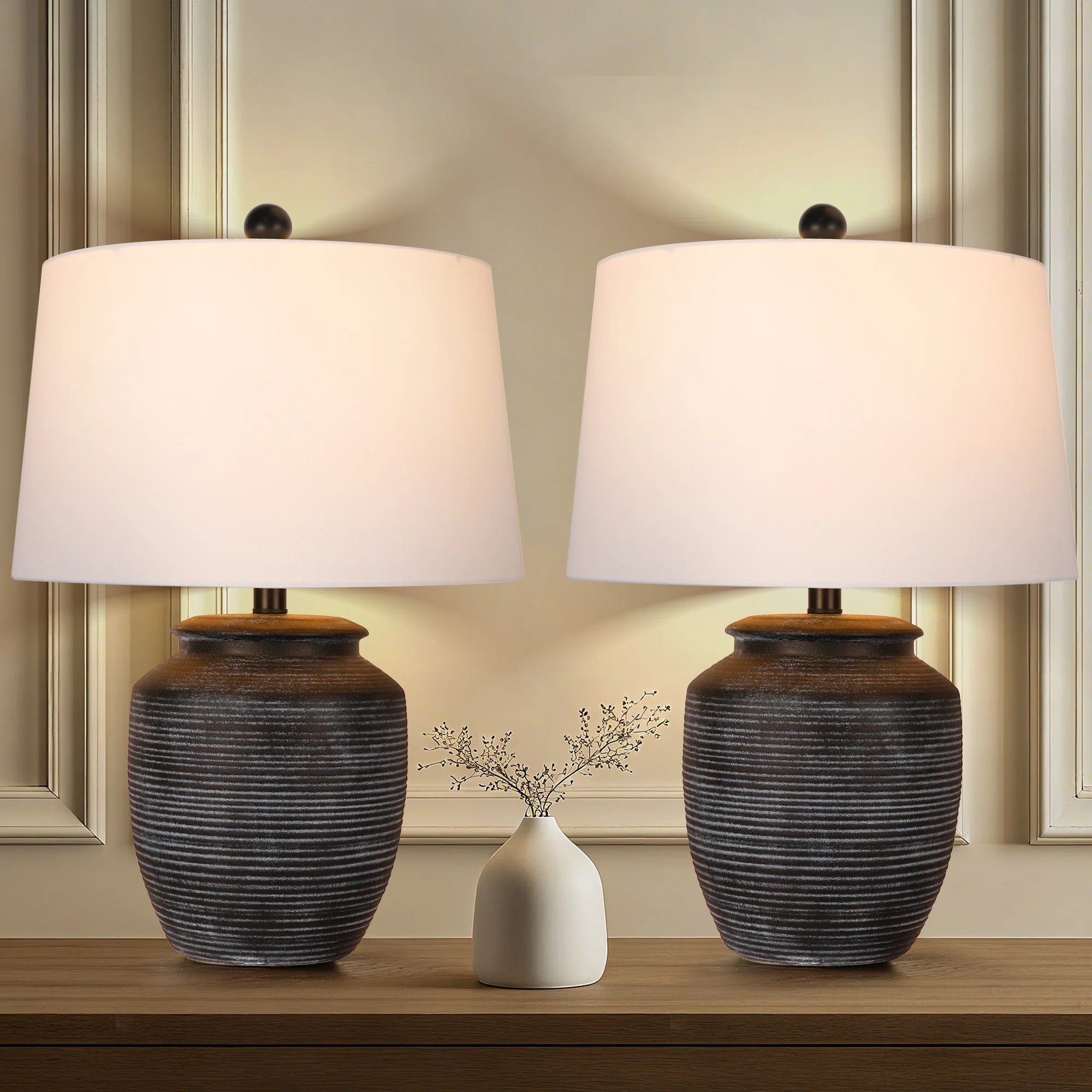 24.5in Rustic Black Ceramic Pot Table Lamps Set Of 2 For Living Room, Dining, Home Office