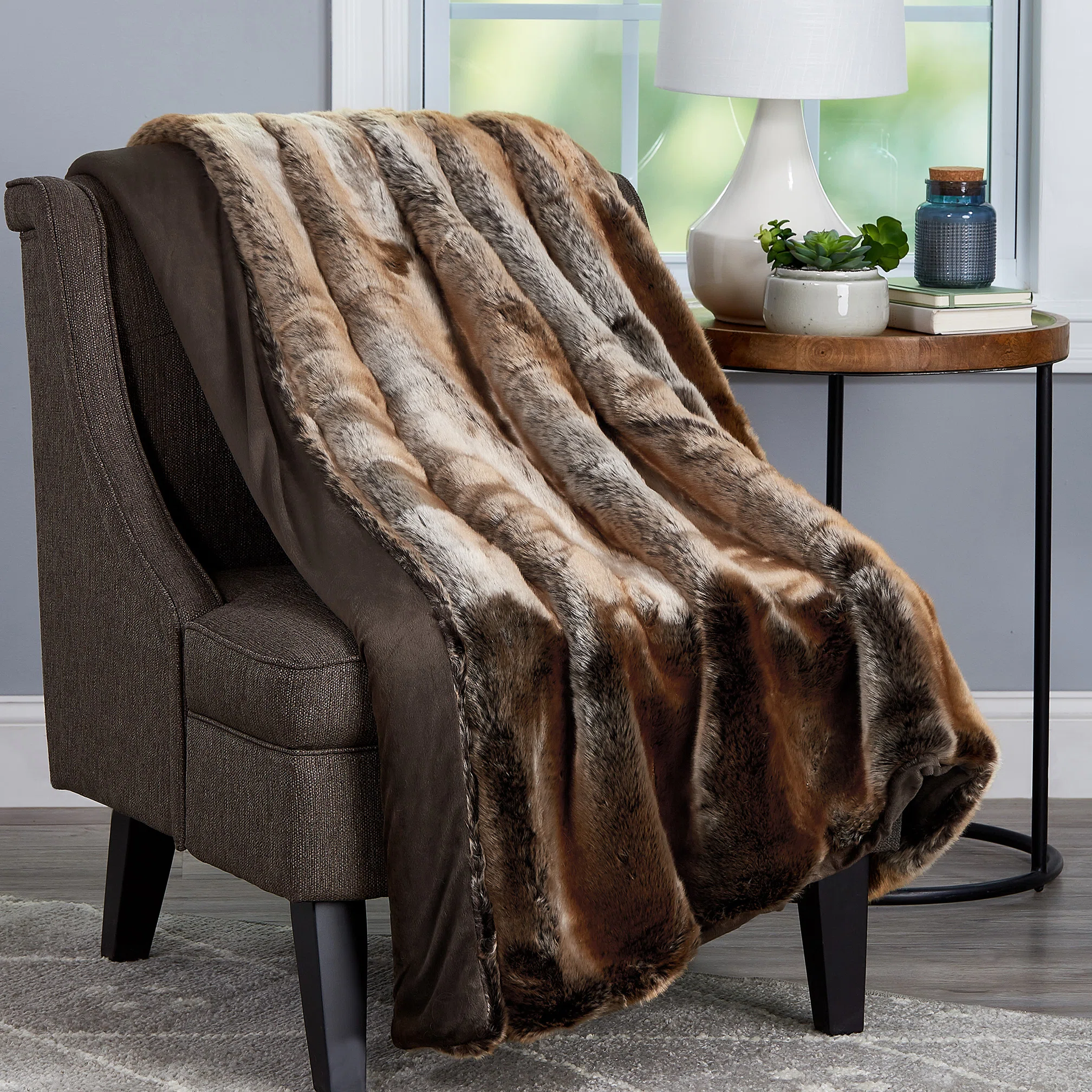 Plymouth Home Faux Fur Throw - Luxurious, Hypoallergenic Premium Zobel Faux Marten Sable Fur Blanket with Plush Mink Back and Gift Box, 60x70”