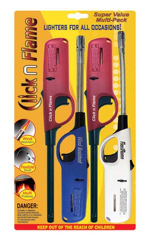 Click n Flame Utility Lighter 4-Pack - Wind Resistant Flexible Shaft Multi Purpose Lighter for BBQ, Kitchen, Candle, Fireplace, Grill