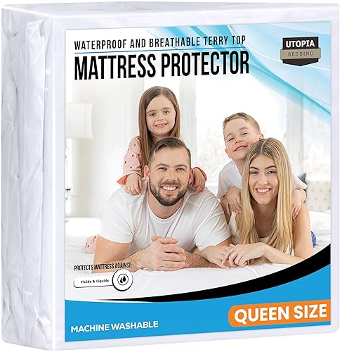 Queen Size Mattress Protector Waterproof, Premium 200 GSM Terry Mattress Cover, Soft & Breathable Bed Cover, Fitted Sheet Style Stretchable Deep Pockets 17" by Utopia Bedding (White)