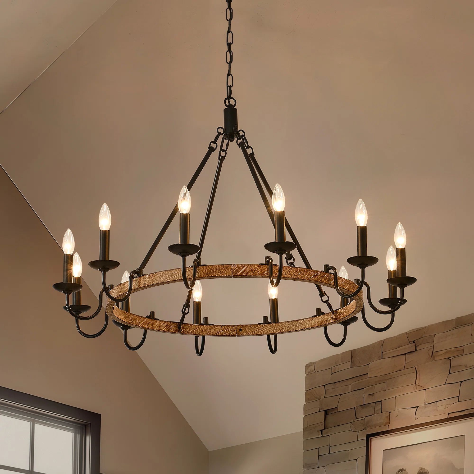 Black Wagon Wheel Chandelier Rustic, 12-Light Farmhouse Candle Chandelier, Industrial Round High Ceiling Pendant Light For Dining Room, Living Room, Bathroom, Bedroom, Entryway, Hallway