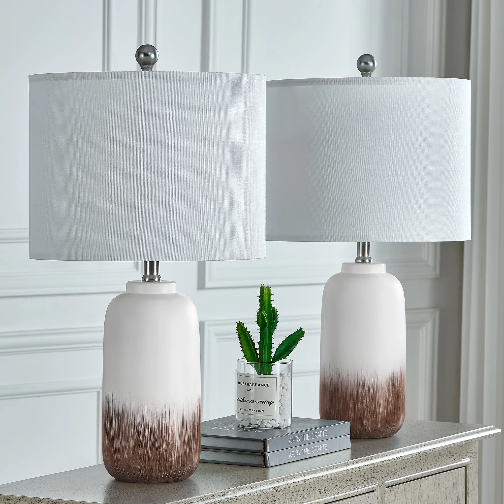  23" Modern Brown and White Ceramic Table Lamp with 3-Way Dimmable Lighting for Living Room Bedroom and Study