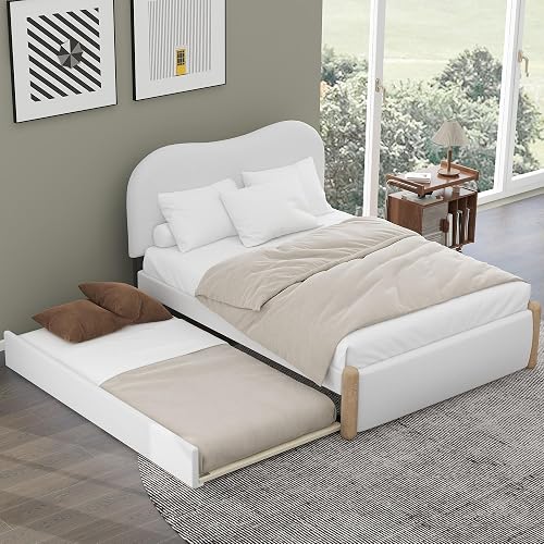 ACQCA Full Size Bed Frame with Trundle,Upholstered Platform Bed W/Headboard,Wood Supporting Feet,No Box Spring Needed,for Kid Boy Girl Teen,White