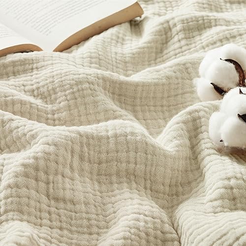 100% Cotton Muslin Blanket Queen Size for Bed - 4-Layer Breathable and Lightweight Soft Gauze Muslin Blankets for Adults, PureWoven Thin Summer Blanket, All Season, Linen Beige, 90x90 Inches