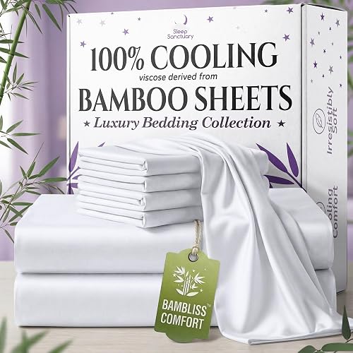 100% Viscose Derived from Bamboo Sheets Full 6pcs – BamBliss Luxury Cooling Sheets for Hot Sleepers - Cloud Soft, 17" Deep Pocket, Ultra Durable Bed Set (White)