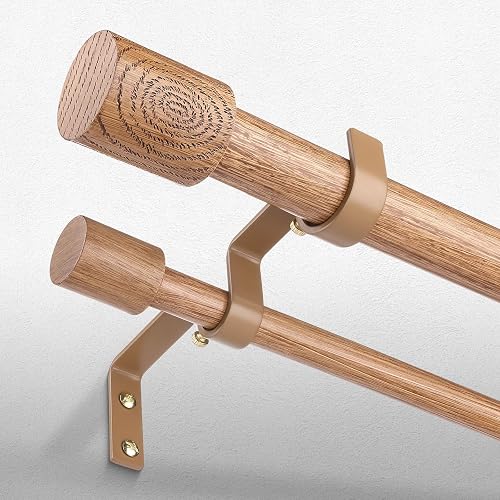Wood Double Curtain Rod 36-122 Inch, Boho Decorative Long Dual Curtain Rods for Windows, 1 Inch Adjustable Heavy Duty Metal Spliced Drapery Rods, Unique Faux Wood Grain Design