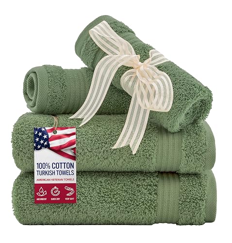 American Veteran Towel, 100% Cotton Turkish Washcloths for Bathroom Essentials 4 Pack, Soft Absorbent Wash Cloths Quick Drying Small Towels Washrags, Sage Green