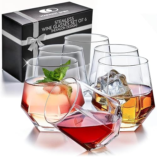Hexagon Stemless Wine Glasses Set of 6 – Elegant 10.5 oz, Durable, Dishwasher Safe, Spill-Proof Design, Perfect for Wine, Cocktails, Whiskey, Everyday Use, Dinner Parties, and Entertaining, Giftable