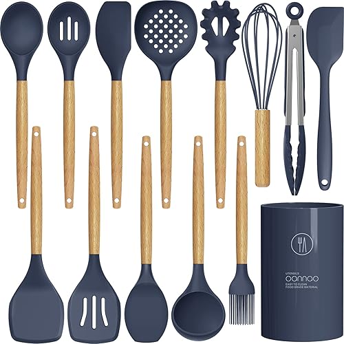 oannao Silicone Cooking Utensils Set - 446°F Heat Resistant Silicone Kitchen Utensils for Cooking,Kitchen Utensil Spatula Set w Wooden Handles, BPA FREE Gadgets for Non-Stick Cookware (Navy Blue)