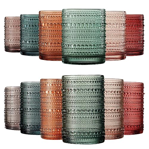 Khen Hobnail Beaded Highball Drinking Tumbler Glasses | Set of 12 | Color, Vintage Bubble Design Whiskey Glassware, Old-Fashioned, Embossed Design for Water, Wine, Cocktail Embossed, Rocks Glass